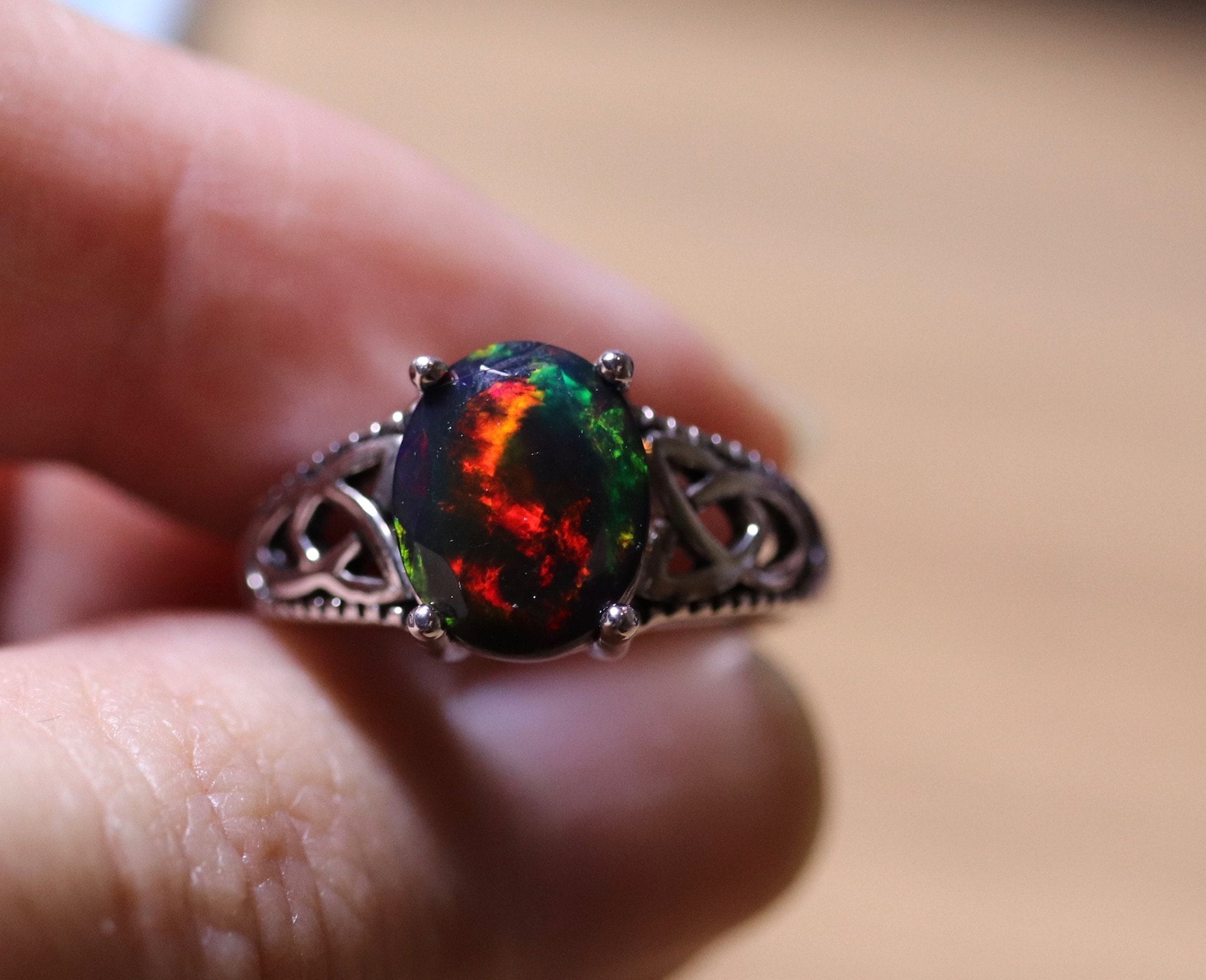 EXTREMELY bright intense red colored fire opal ring, natural opal ring