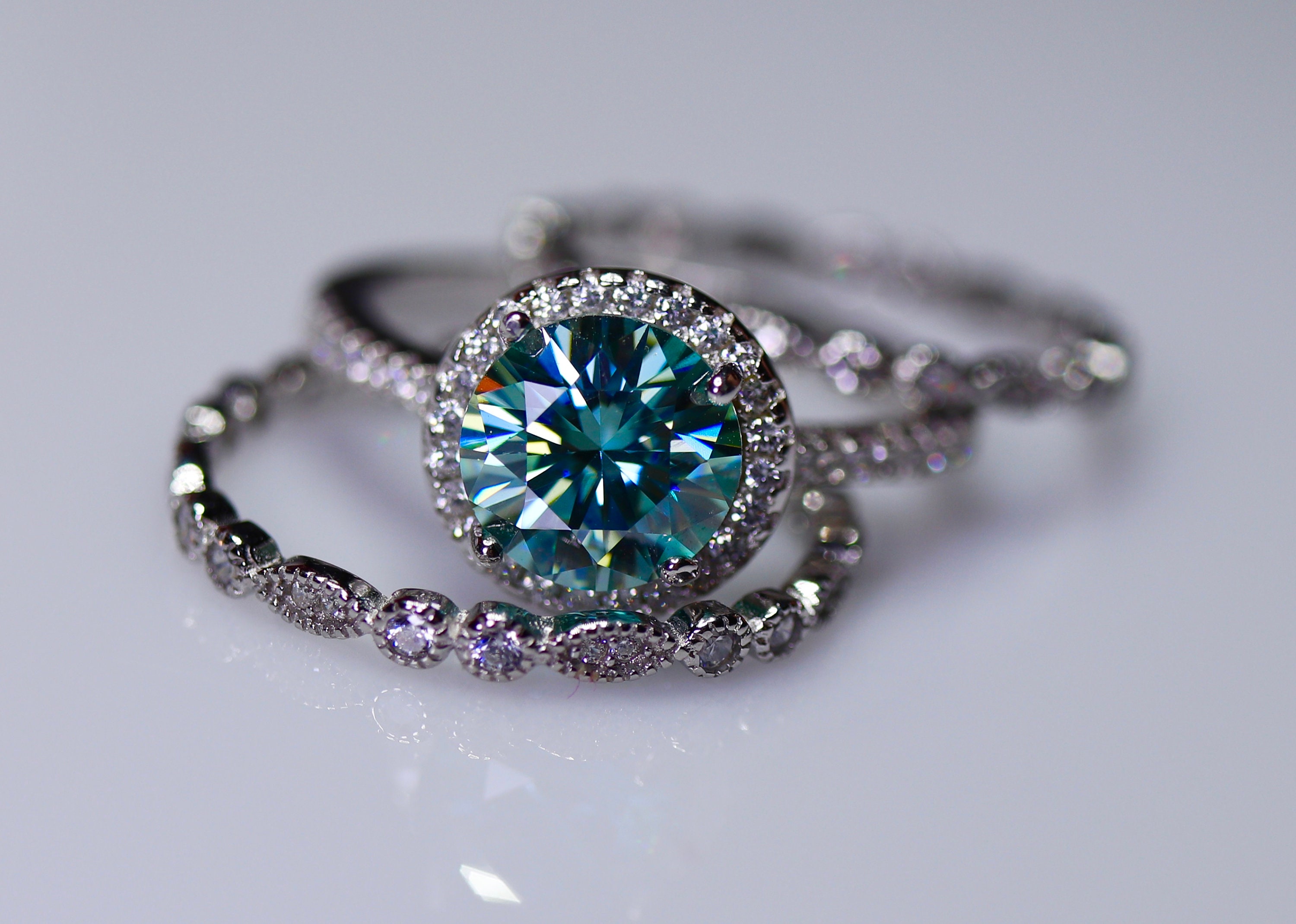 Blue Moissanite Moissanite Ring Set Blue Moissanite Ring