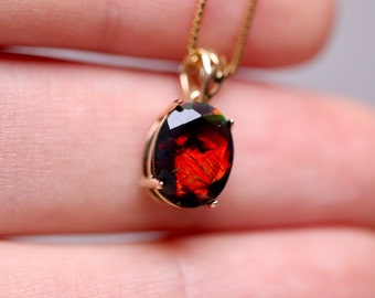 Gold Opal necklace,14k gold pendant, real opal necklace, black Opal jewelry, red stone pendant, solid 14k gold, designer jewelry, opal