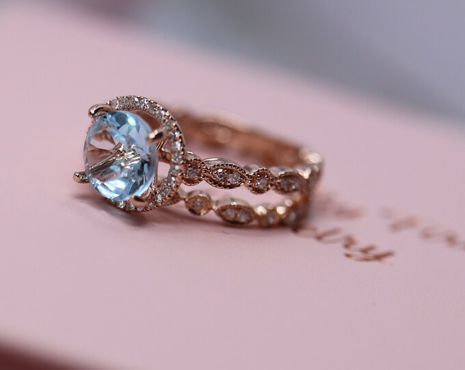 Natural Aquamarine Unique Wedding Ring Set, 14k Rose Gold Halo Engagement Ring, Full Eternity Art Deco Wedding Band