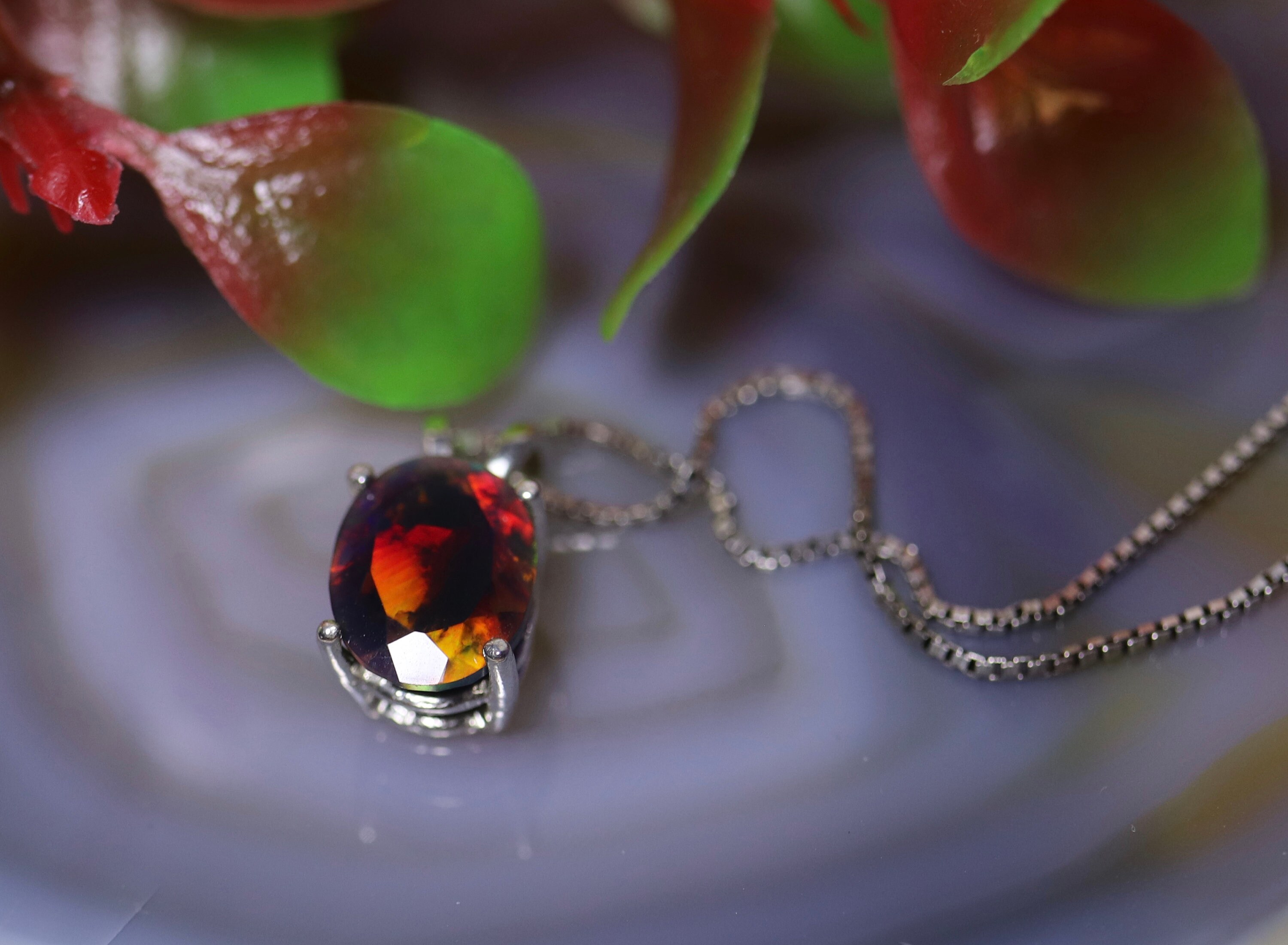 Fire opal necklace, black opal pendant, gold opal jewelry, red black