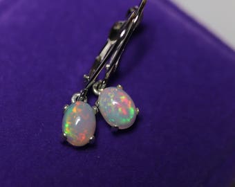 Opal leverback, dangle earrings, fire opal jewelry, dainty gemstone, top quality grade, 925 sterling silver, rainbow opals, oval fire opals