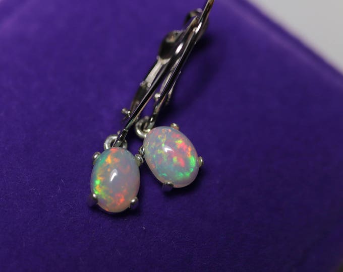 Opal leverback, dangle earrings, fire opal jewelry, dainty gemstone, top quality grade, 925 sterling silver, rainbow opals, oval fire opals