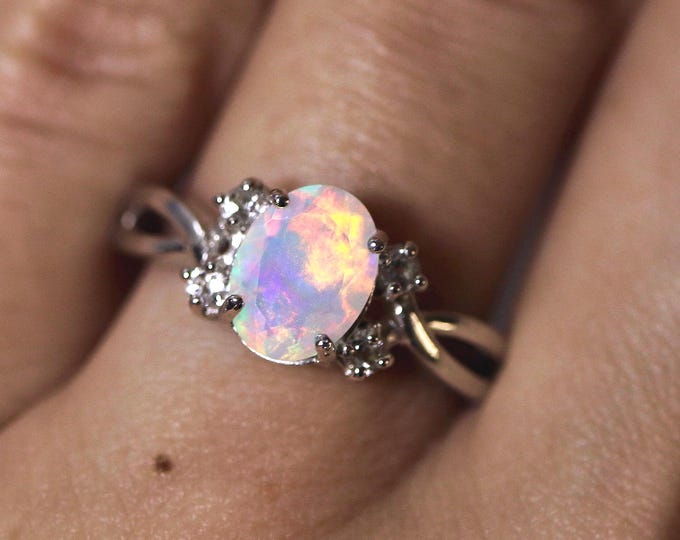 Natural opal ring, opal engagement ring, rainbow opal, dainty opal ring, anniversary gift, rings for women, cluster ring with diamonds