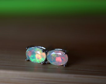 Sterling Silver Opal Studs, Opal Earrings, Dainty Opal 7x5mm Simple Earrings, Silver Opal Jewelry, Minimalist Earrings, White Gold Earrings