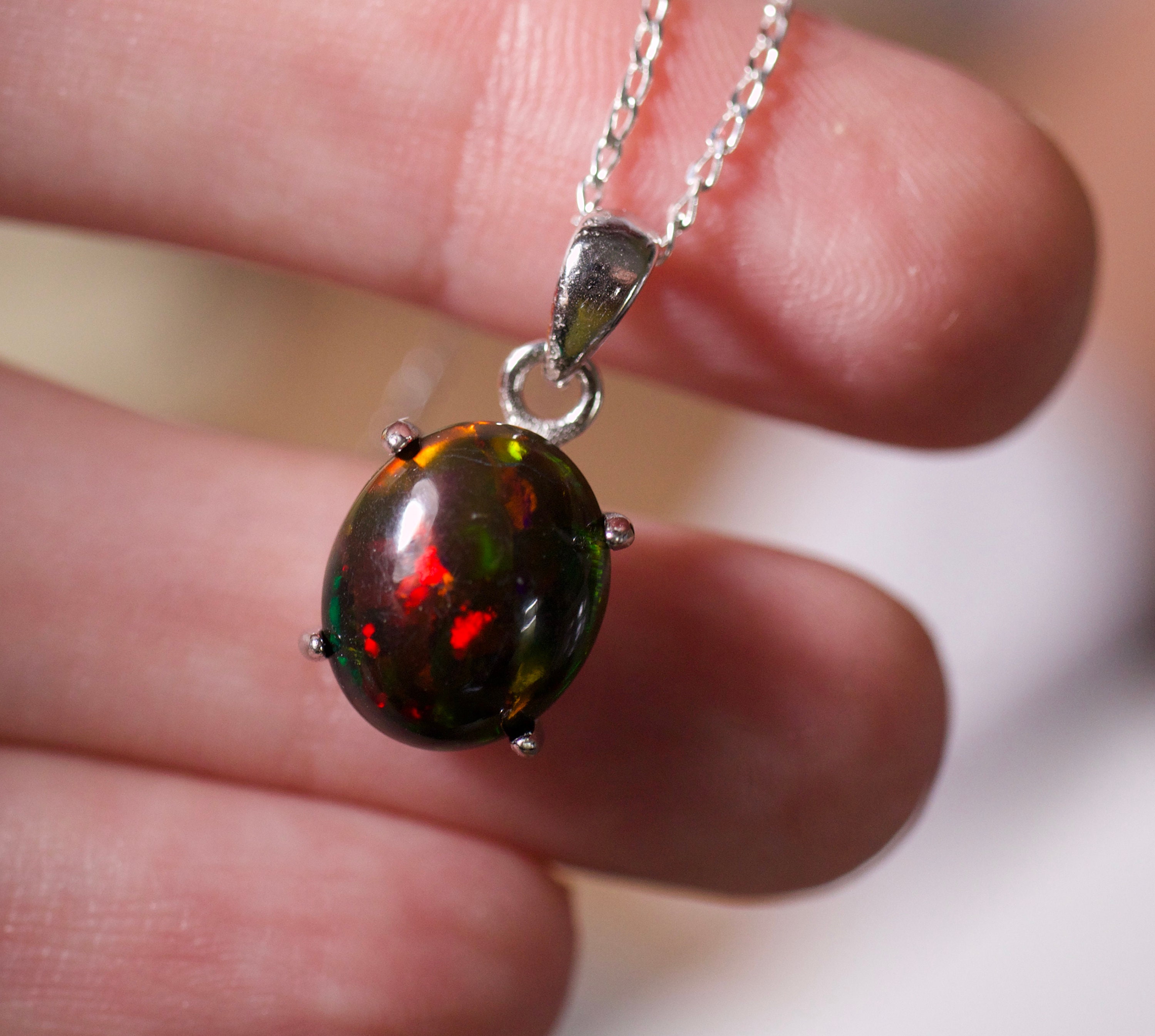 Black opal necklace, fire opal pendant, solid black opal, silver opal ...