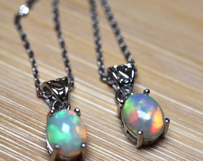 Genuine Opal Pendant in Sterling Silver with Rainbow Fire and delicate cable chain- Classic Opal Necklace, Simple necklace