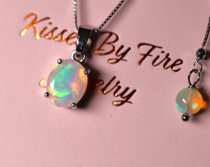 Pink opal necklace made with white opal pendant set in a simple setting in Sterling silver or 14k gold/Fire Opal Necklace/Birthstone jewelry