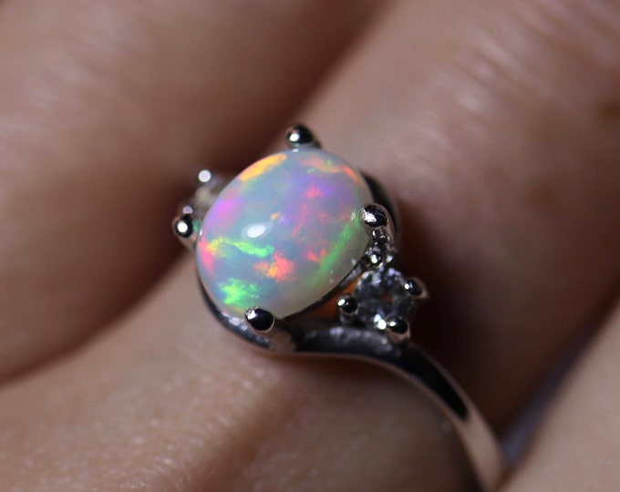 Opal cluster ring, genuine opal, natural topaz, designer opal ring, ethiopian opal, three stone band, anniversary ring, opal wedding ring