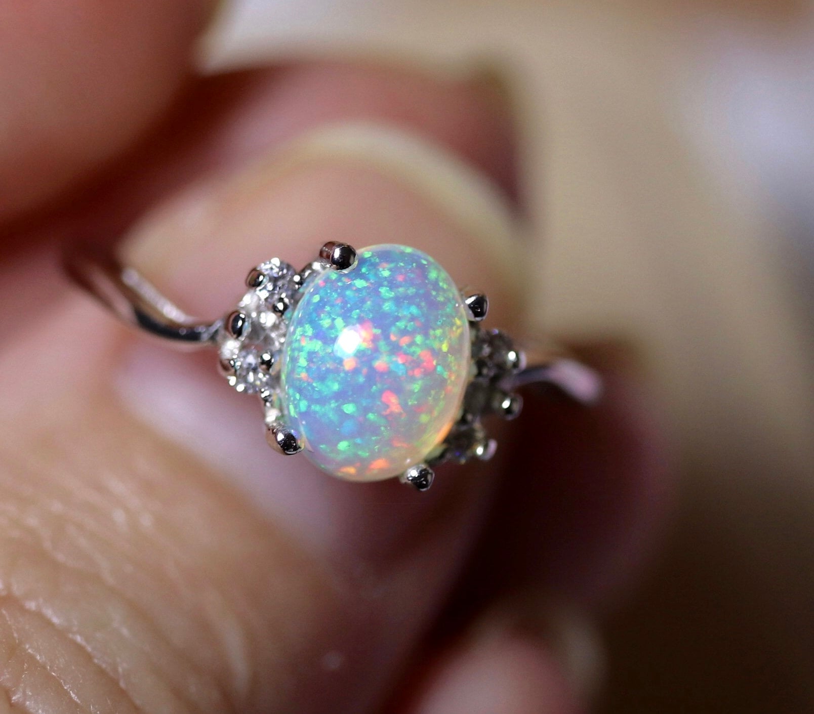 Rainbow opal ring, natural opal ring, opal engagement ring, dainty ring