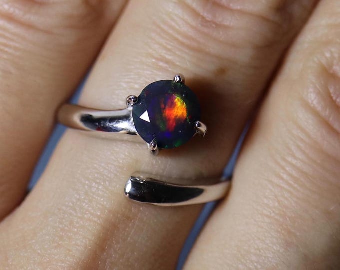 Black fire opal ring in Sterling Silver: TRULY UNIQUE HANDMADE piece, black opal ring with rhodium, natural opal jewelry, opal ring silver