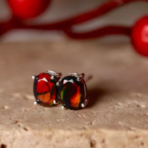 Black opal earrings: GENUINE HANDMADE UNIQUE created with rare natural opal gemstones in silver post settings. Opal stud earrings/Real opal