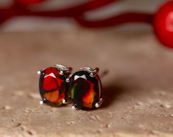 Black opal earrings: GENUINE HANDMADE UNIQUE created with rare natural opal gemstones in silver post settings. Opal stud earrings/Real opal