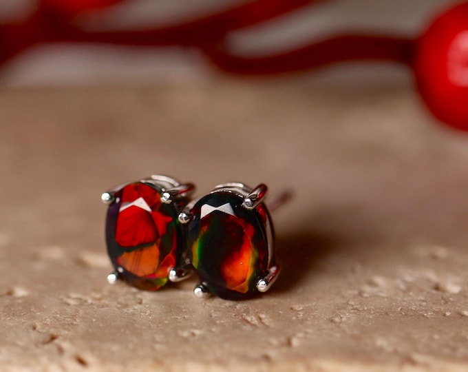 Black opal earrings: GENUINE HANDMADE UNIQUE created with rare natural opal gemstones in silver post settings. Opal stud earrings/Real opal