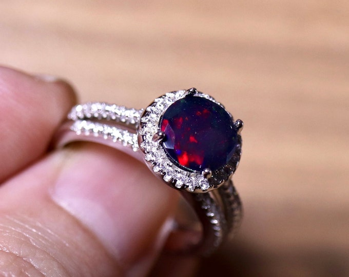 Black opal bridal set, opal halo ring, opal engagement ring, black fire opal ring, black opal wedding ring, silver ring set, opal ring