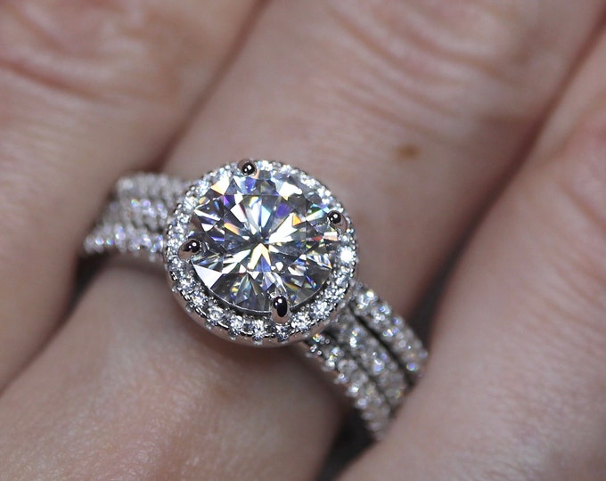 Moissanite Bridal Ring Set White D color Moissanite Halo Engagement Ring, Art Deco Eternity Band, stacking ring silver, diamond wedding ring