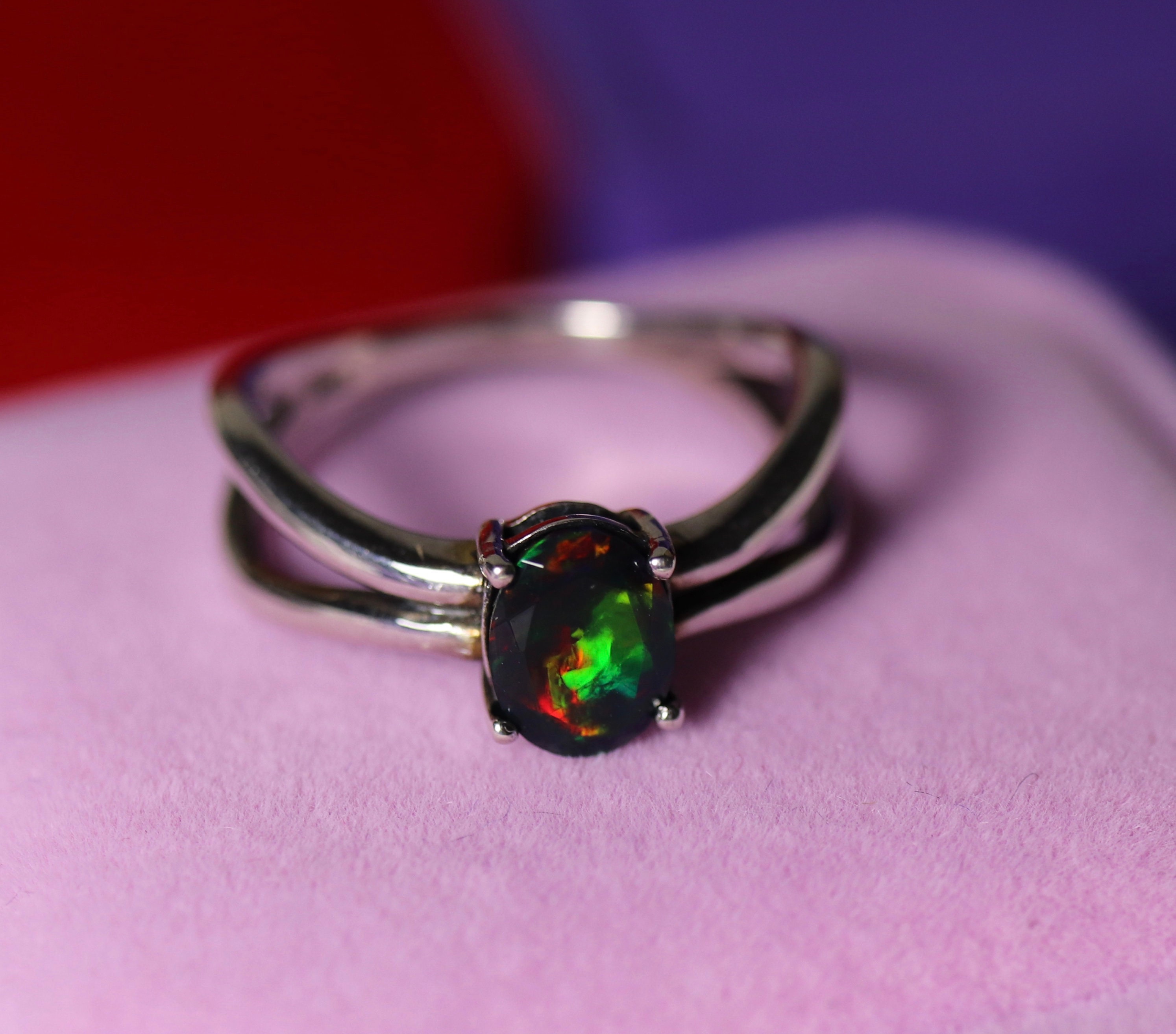 VIVID RED natural black fire opal ring, genuine black opal ring, silver