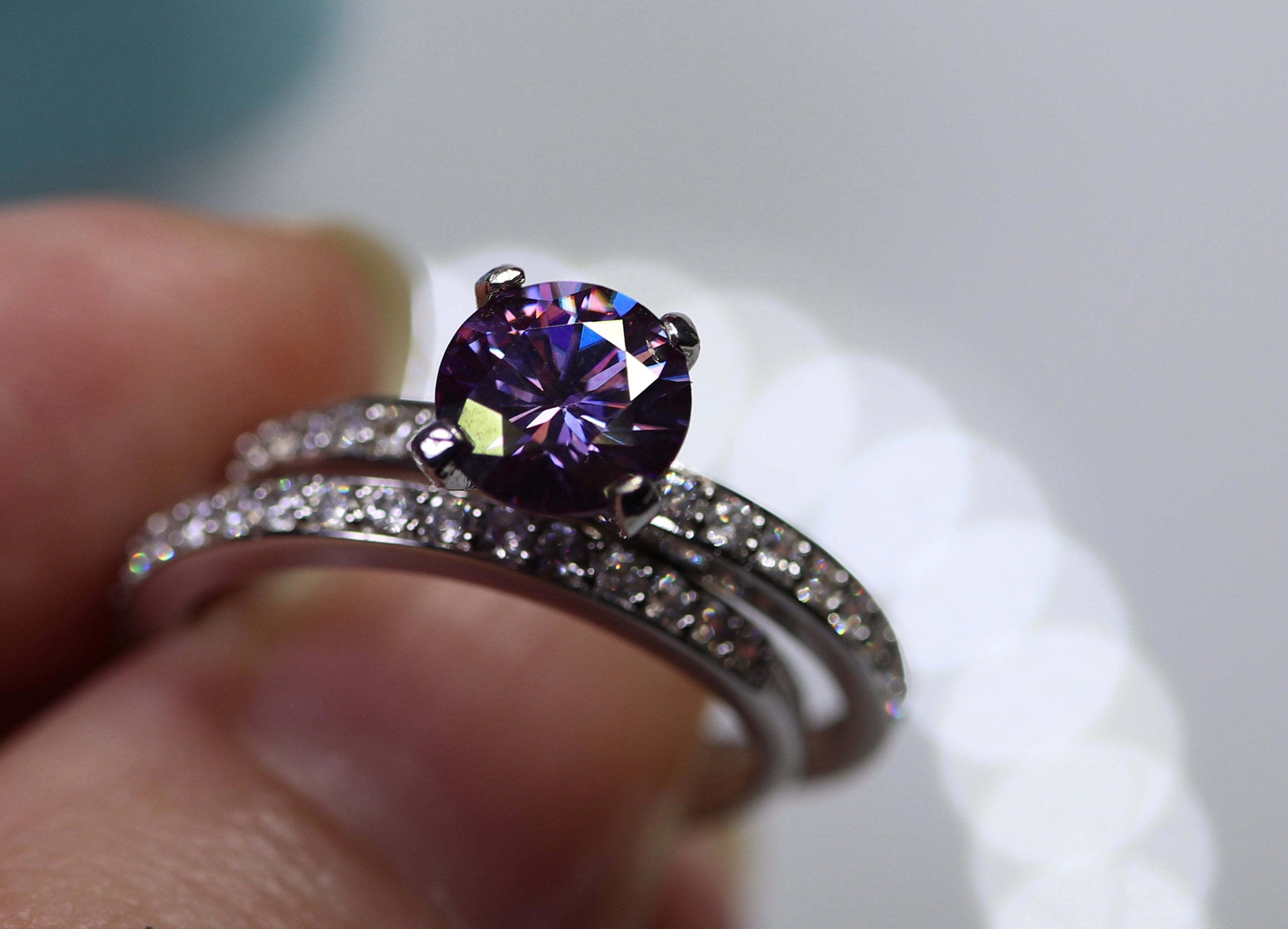 Purple moissanite, bridal set, moissanite ring, engagement