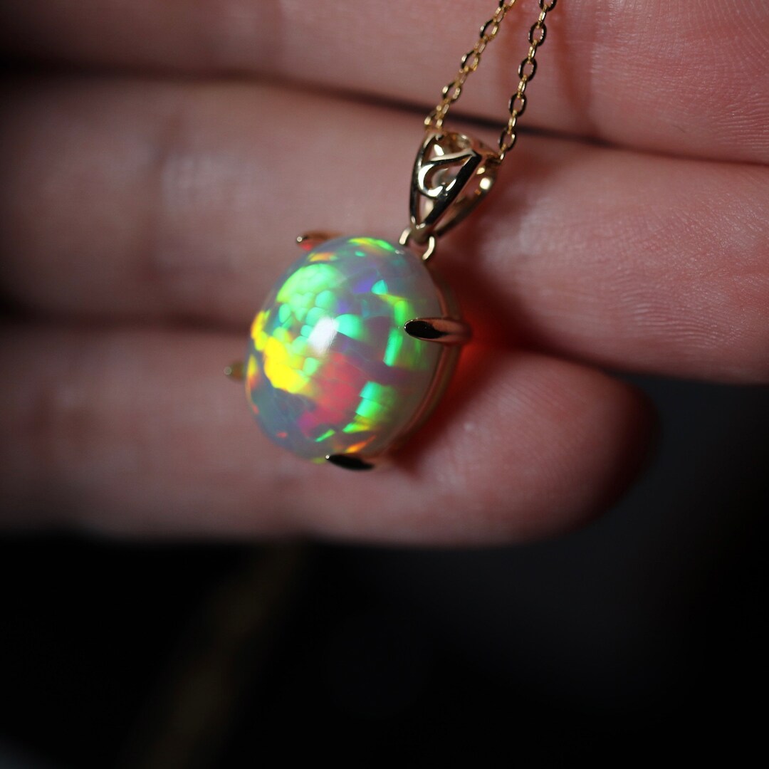14k Gold Fire Opal Pendant Necklace in Rose Gold /unique Opal Necklace Made With a Large 6ct