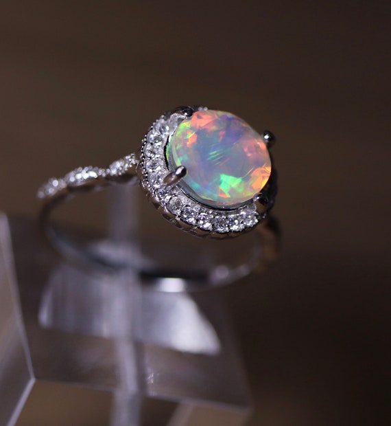 Twig Bridal Set Engagement Diamond Ring Fire Opal Sterling Silver Set Rings AKEMI Twig Opal Diamond Rings Silver Opal Band
