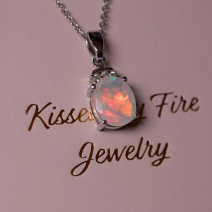 Natural Ethiopian opal necklace handmade with 925 sterling silver 10x8mm white fire opal pendant with 3 diamond accents, October birthstone