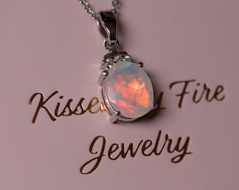 White opal pendant necklace with a natural 2ct opal, 925 sterling silver, tourmaline pendant, birthday gift, silver opal jewelry, oval opal