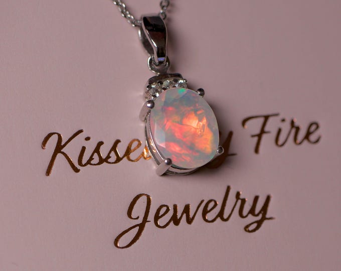 White opal pendant necklace with a natural 2ct opal, 925 sterling silver, tourmaline pendant, birthday gift, silver opal jewelry, oval opal