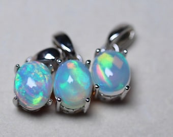Blue Opal Pendant in Sterling Silver Handmade with a Genuine Crystal Opal Gemstone in Oval Gold filled Necklace with diamond cut chain