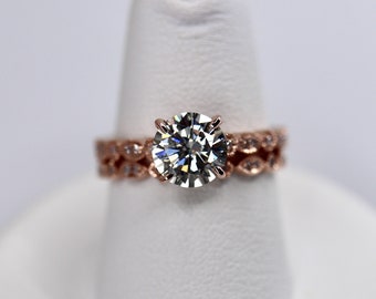 14K rose gold gray moissanite engagement ring, round brilliant cut moissanite with hearts and arrows, Art Deco band, natural diamonds paved