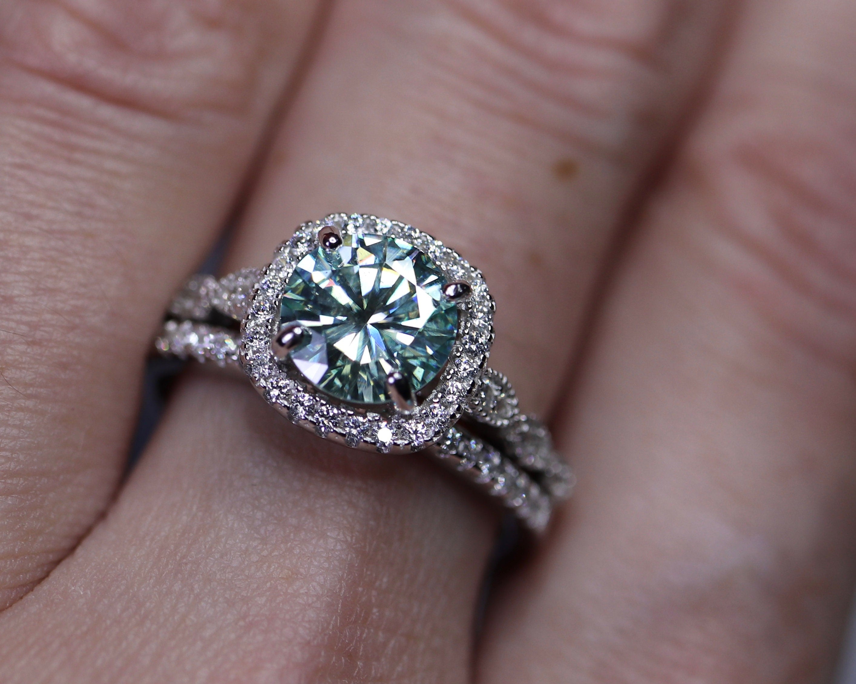 Blue moissanite, moissanite ring, bridal set, gray moissanite, unique