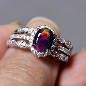 Handmade Black Opal Engagement Ring Set, Art Deco Style Unique Bridal Jewelry, Oval Halo Sterling Silver Solitaire, Half Eternity Bands
