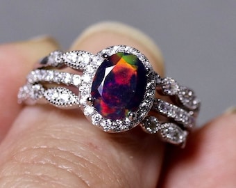 Handmade Black Opal Engagement Ring Set, Art Deco Style Unique Bridal Jewelry, Oval Halo Sterling Silver Solitaire, Half Eternity Bands