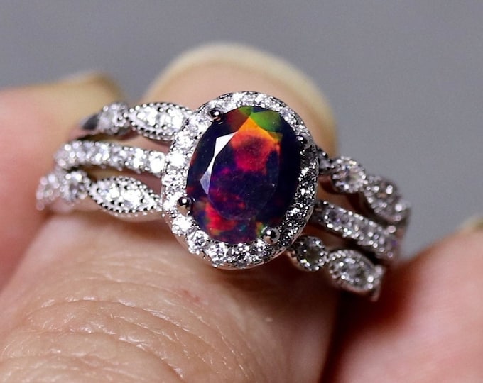 Handmade Black Opal Engagement Ring Set, Art Deco Style Unique Bridal Jewelry, Oval Halo Sterling Silver Solitaire, Half Eternity Bands