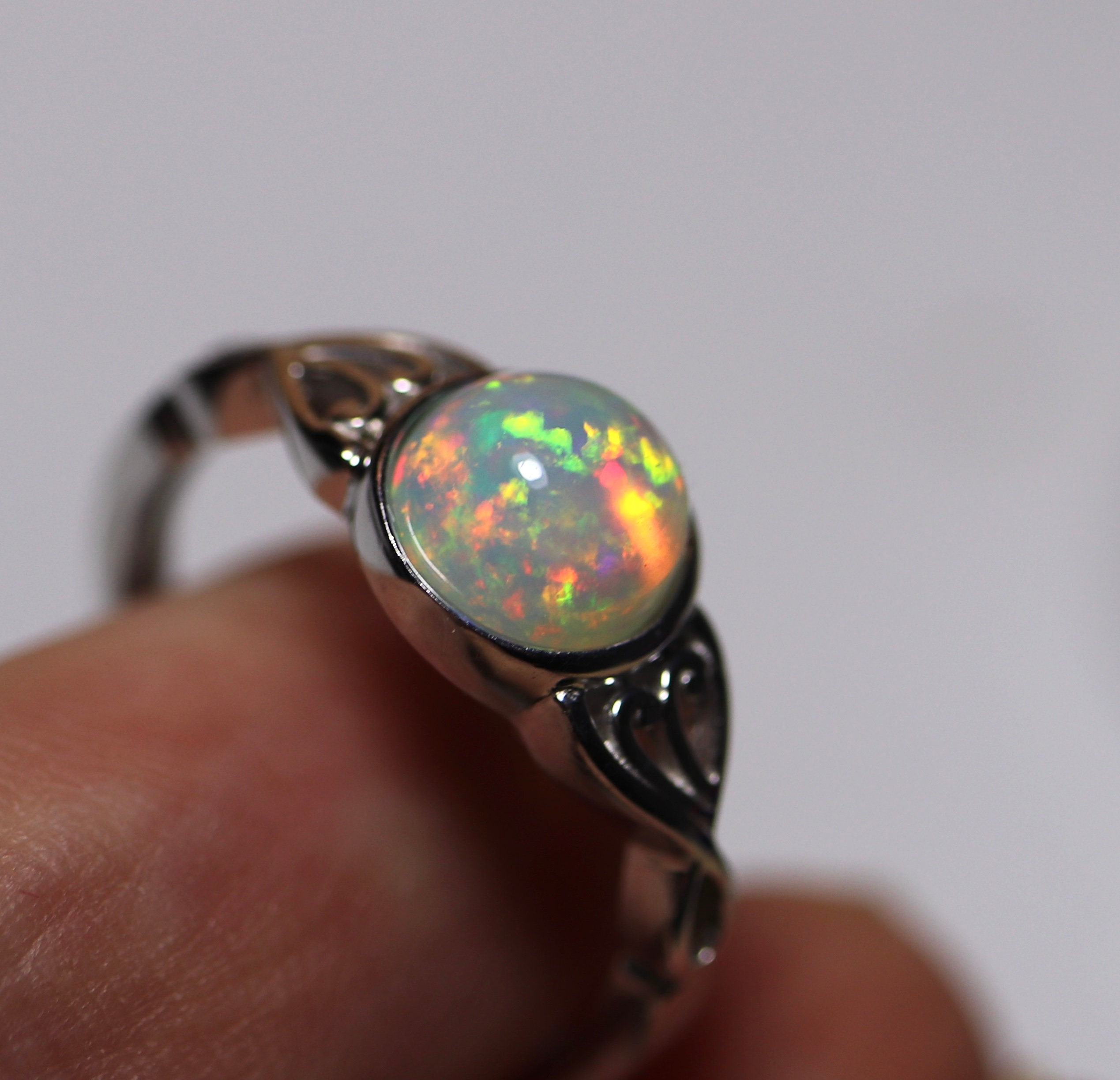 Art Deco opal Ring, Silver Opal Jewelry, Round Opal ring, Birthstone ...