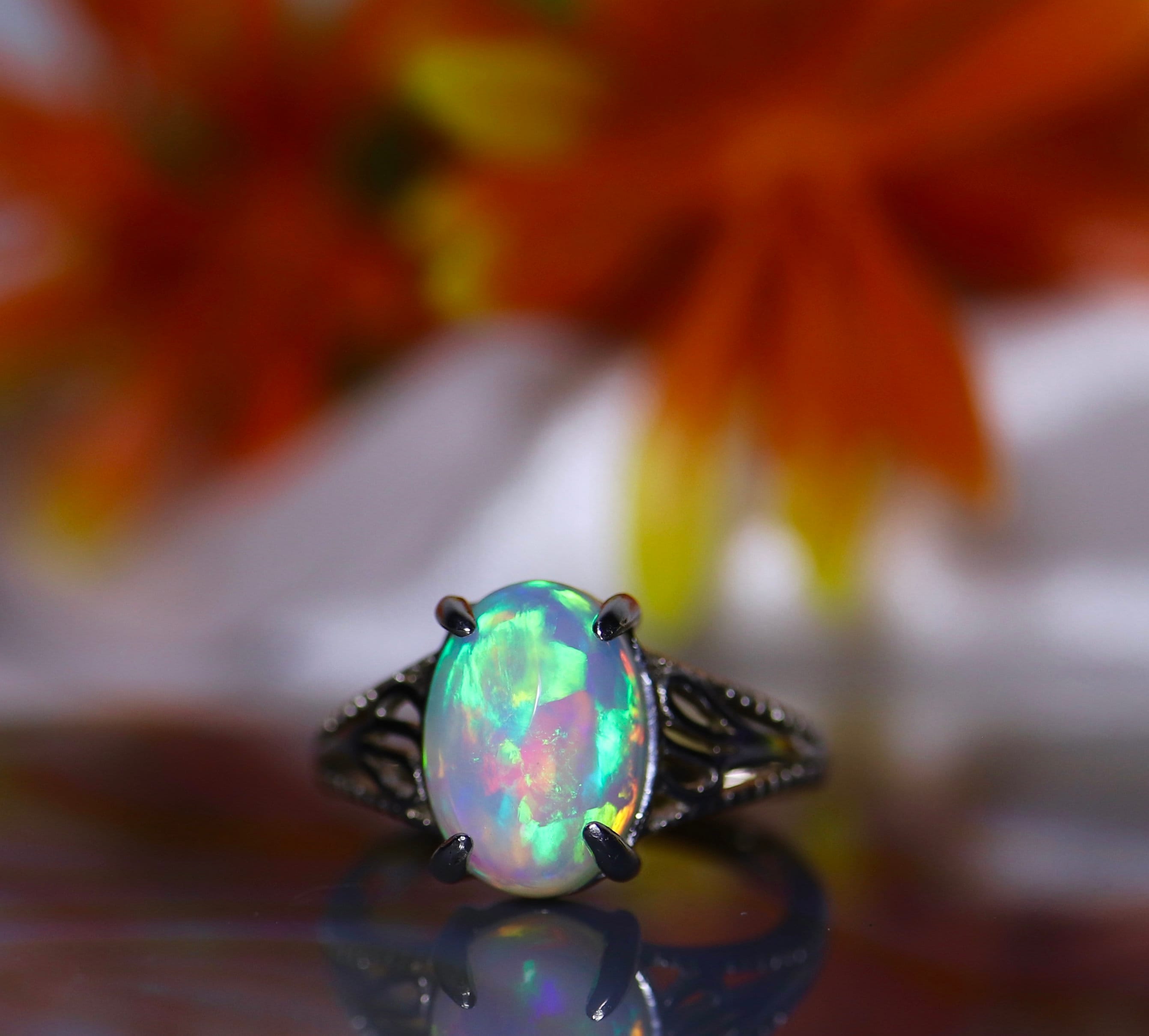 Natural fire opal ring, rainbow fire opal, opal rings, opal cabochon ...