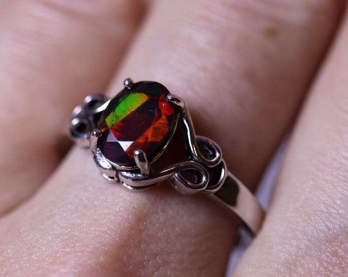 Celtic knot silver engagement ring featuring a genuine black fire opal stone with red play of color - natural opal ring tarnish resistant