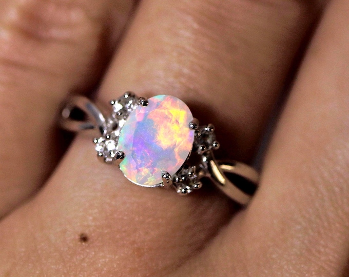 Natural opal ring, opal engagement ring, rainbow opal, dainty opal ring, anniversary gift, rings for women, cluster ring with diamonds