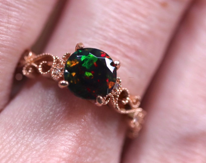 Genuine Black Fire Opal Engagement Ring in Solid Gold, Natural Diamond Unique Wedding Ring - Artisan Fire Opal Handcrafted Bridal Set