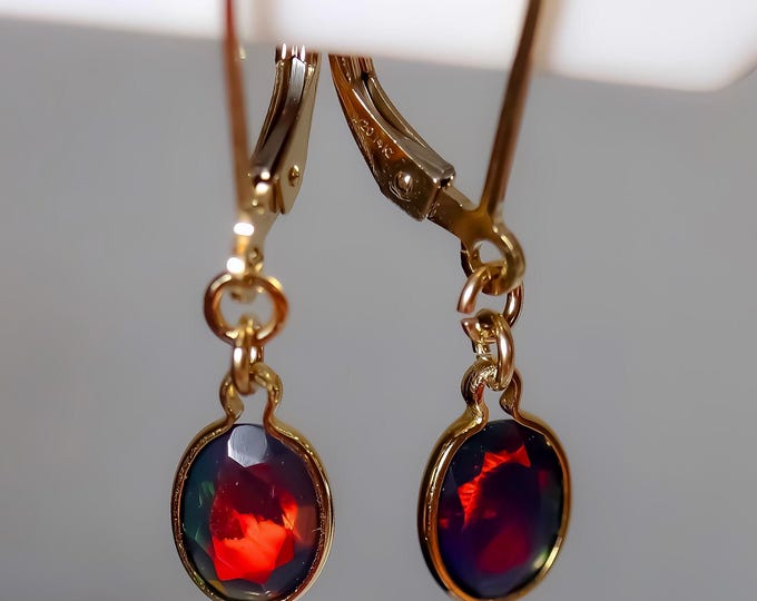 Opal Dangle Earrings handcrafted with Authentic Black Fire Opal Gemstones set in Gold Filled Earring Settings/Leverback Earrings Opal