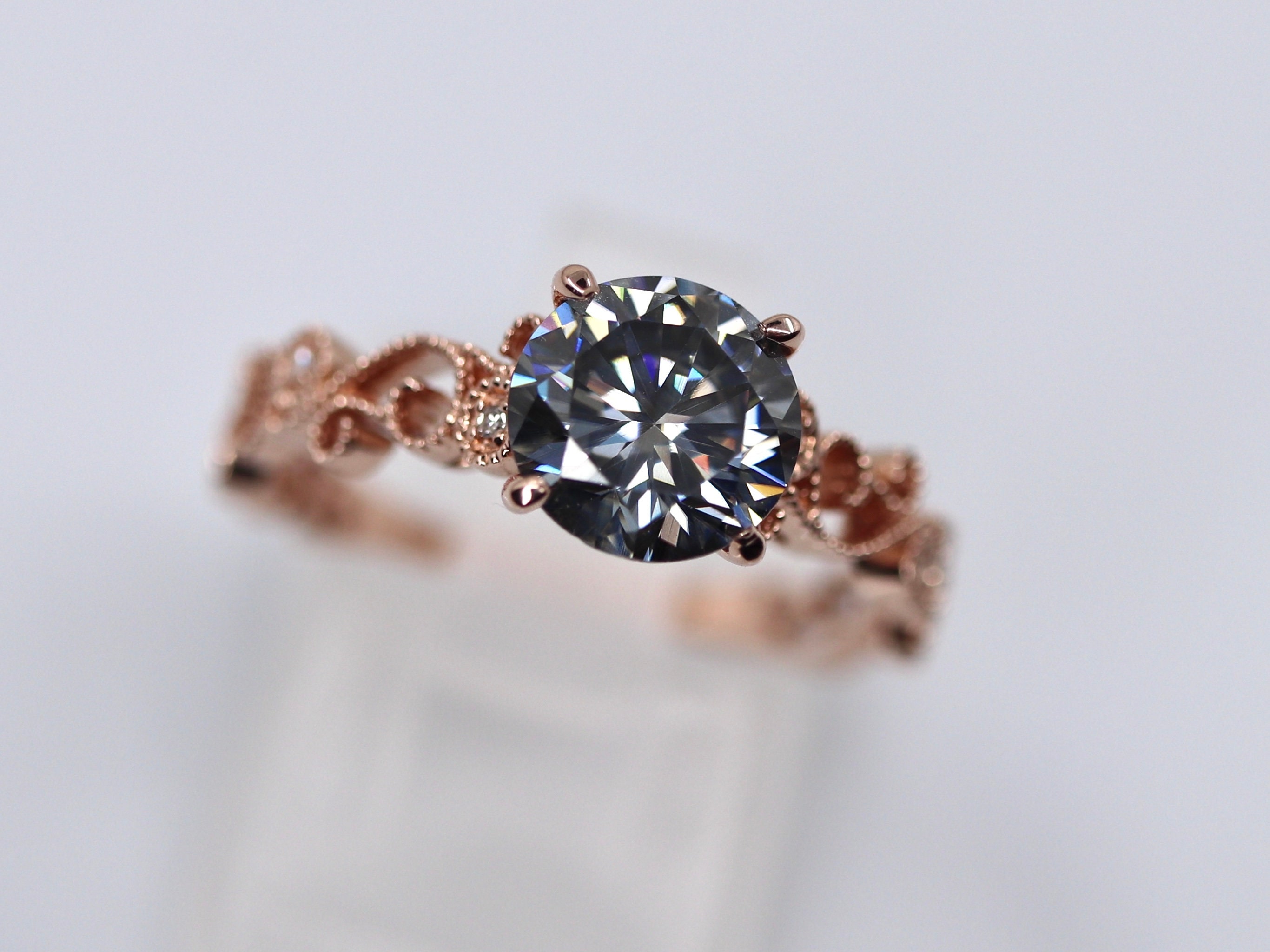 Gray Moissanite Engagement Ring, Rose Gold Band with Diamond Pave