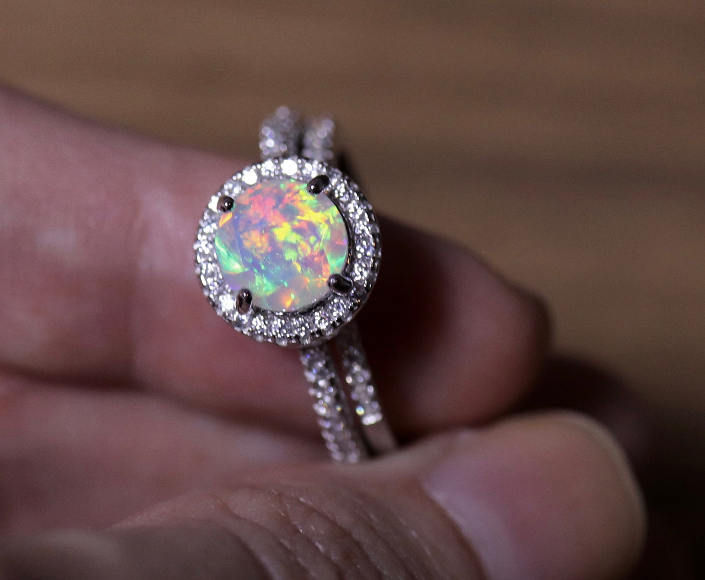 White opal  halo ring  opal  engagement ring  fire  opal  ring  