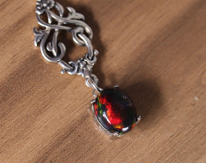 Black opal necklace, fire opal pendant, Victorian style, rare black opal, 10th anniversary gift, black opal gift, natural black opal