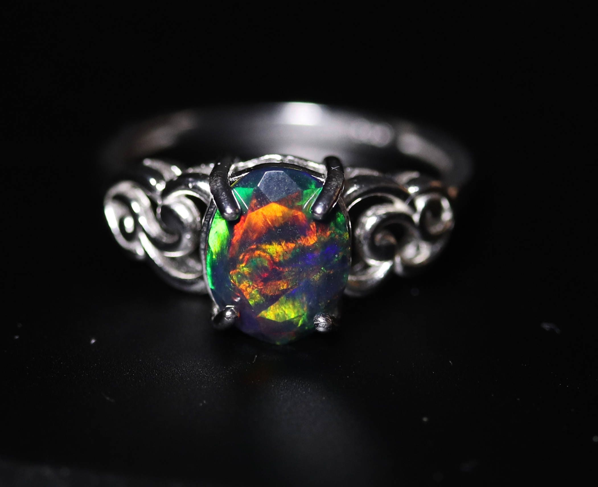 Black Fire Opal Silver Ring Handcrafted with 9x7mm Natural Black Opal