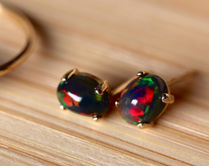 Black Opal Stud Earrings create with genuine blackfish opal gemstones in 14k Gold Post Stud Settings/Dainty Opal Earrings/opal studs gold