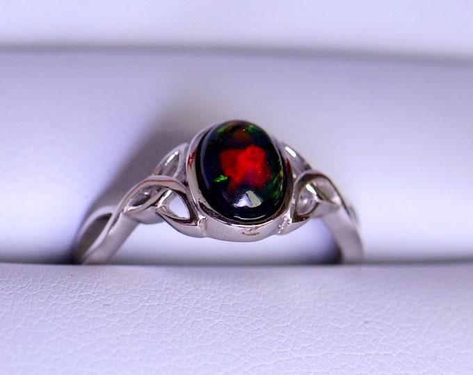 Celtic opal ring, black fire opal, silver opal ring, Celtic knot design, genuine fire opal, anniversary gift, birthday gift, Celtic jewelry