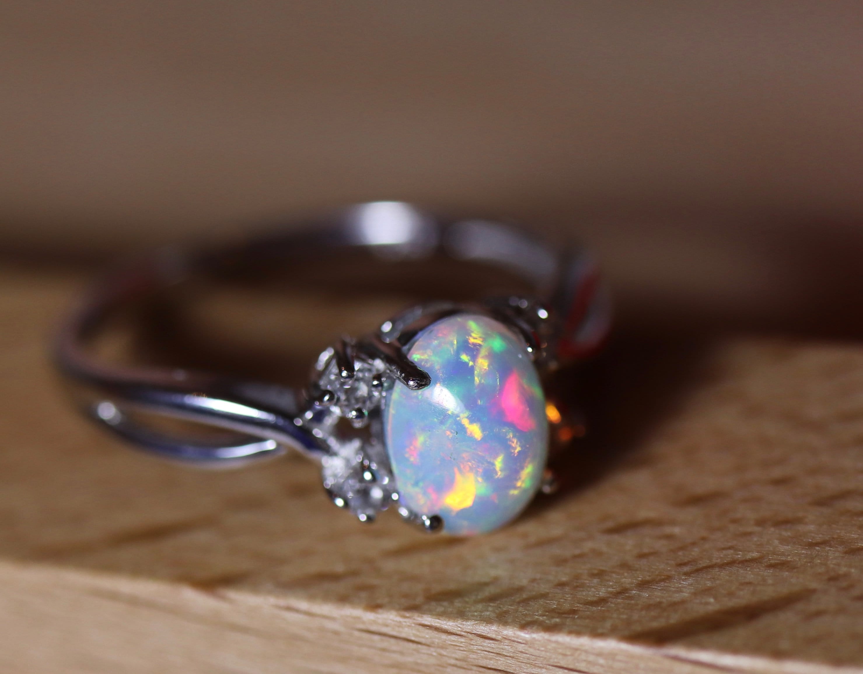 Wonderful glimmering fire opal, unique color palette, dainty opal ring