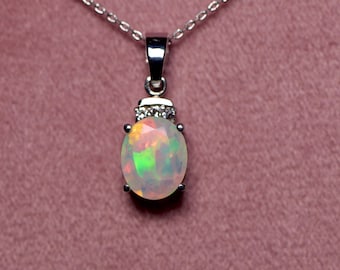 White opal pendant necklace in Sterling Silver with white topaz or diamonds accent stones/pink opal necklace/fire opal necklace silver