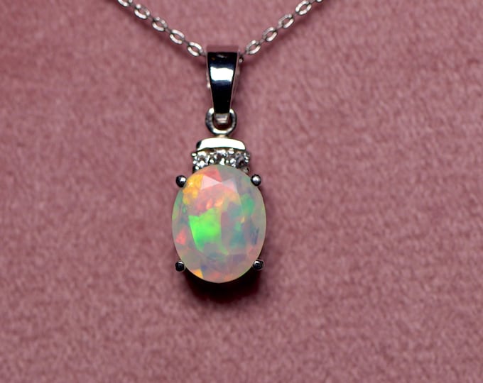 White opal pendant necklace in Sterling Silver with white topaz or diamonds accent stones/pink opal necklace/fire opal necklace silver
