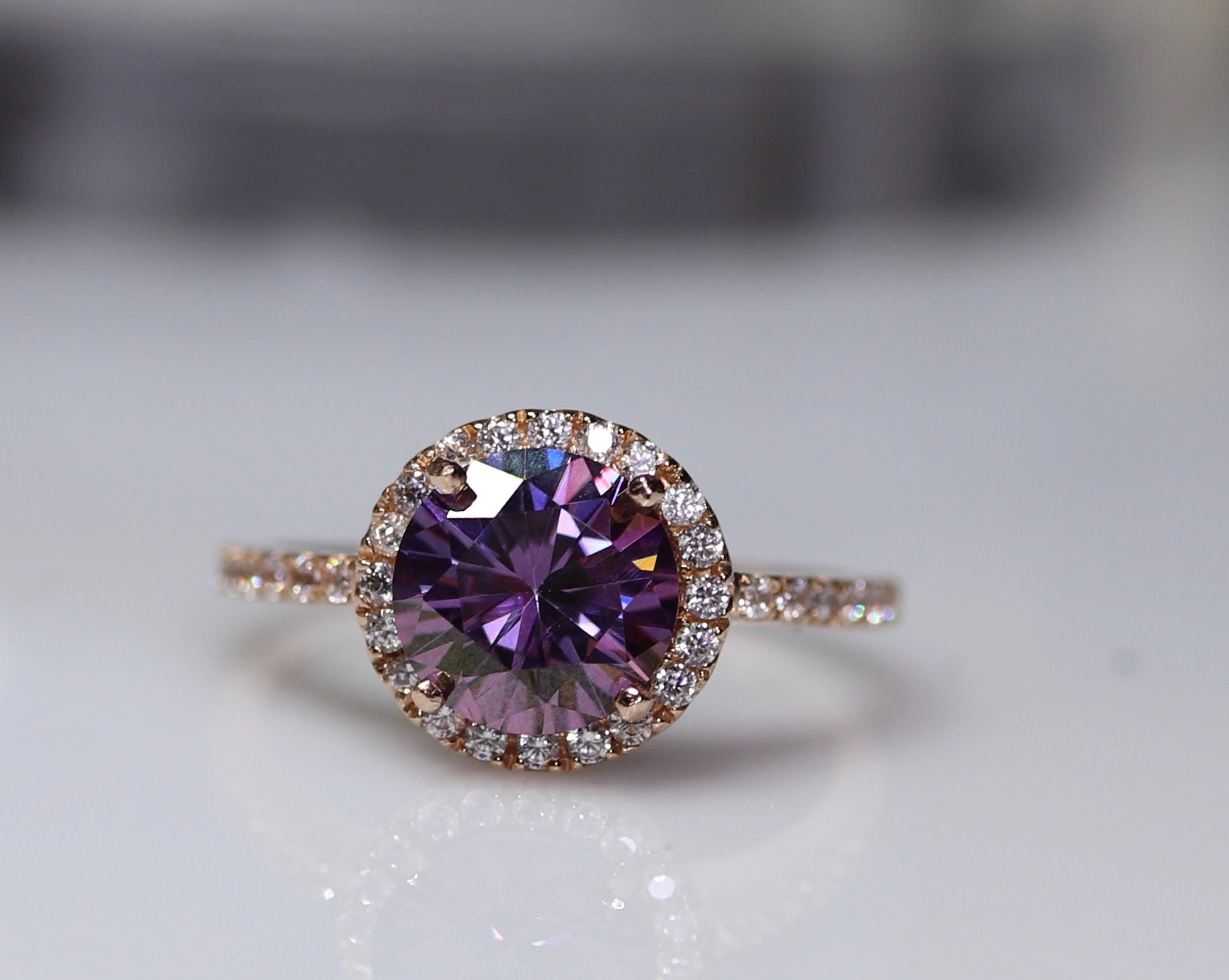 Purple moissanite, moissanite ring, halo engagement ring, special