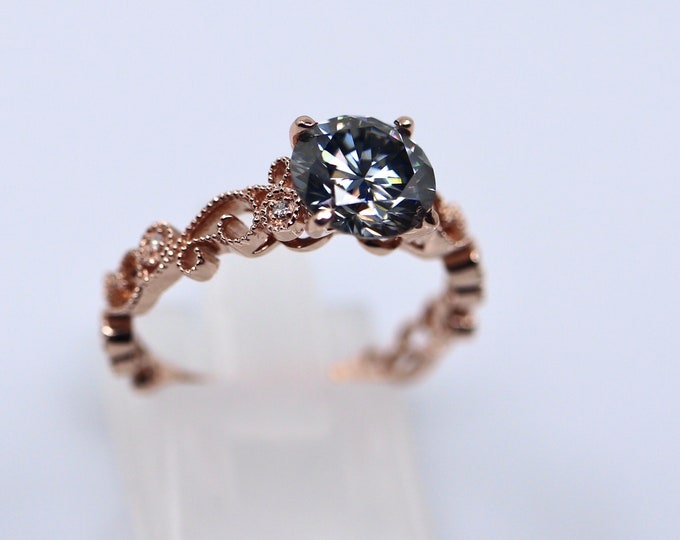 Gray Moissanite Engagement Ring, Rose Gold Band with Diamond Pave, Unique Design, Alternative Wedding, Vintage Gold Ring, Natural Diamonds,